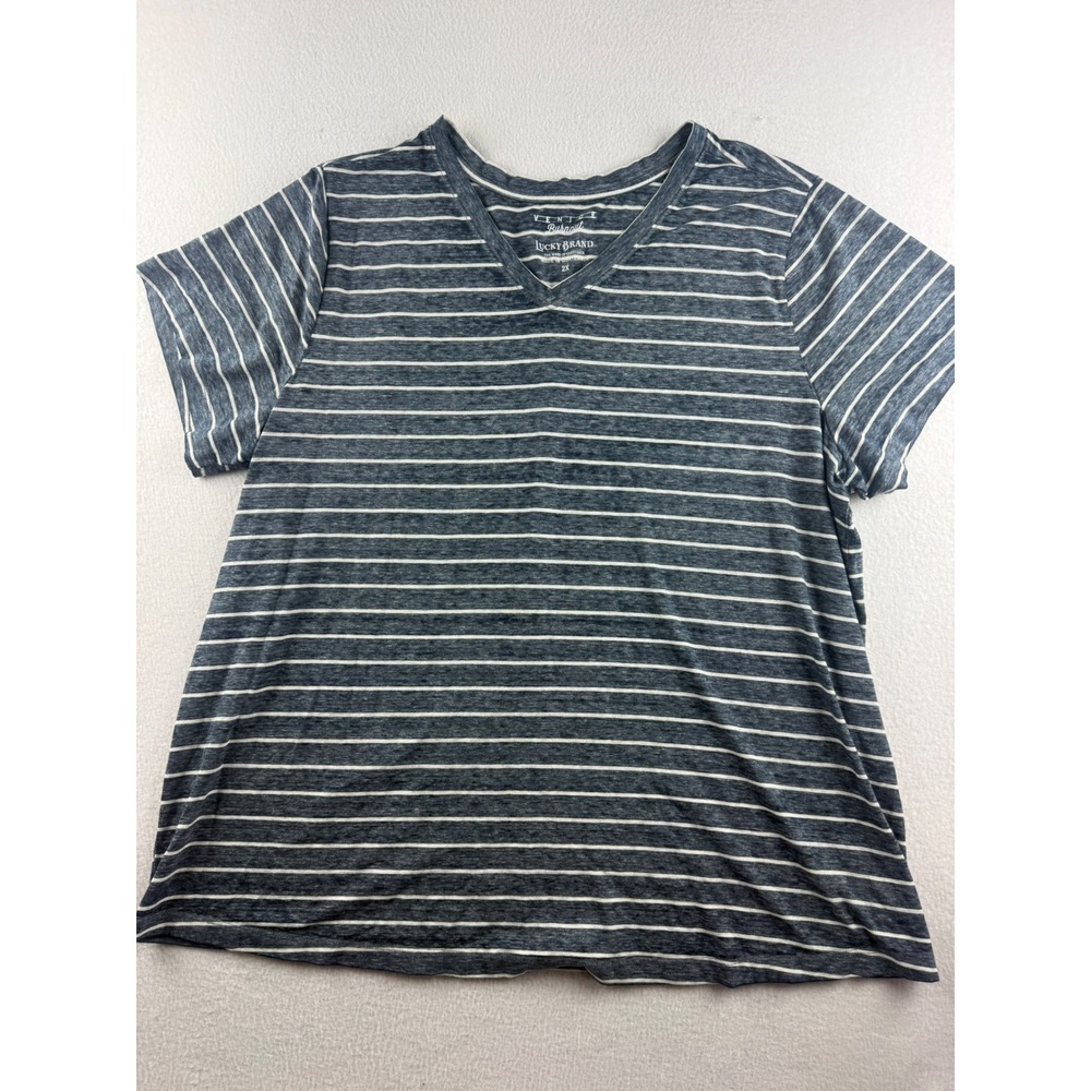Lucky Brand Venice Burnout V-Neck T-Shirt Blue‎ White Striped 2X Womens Tee